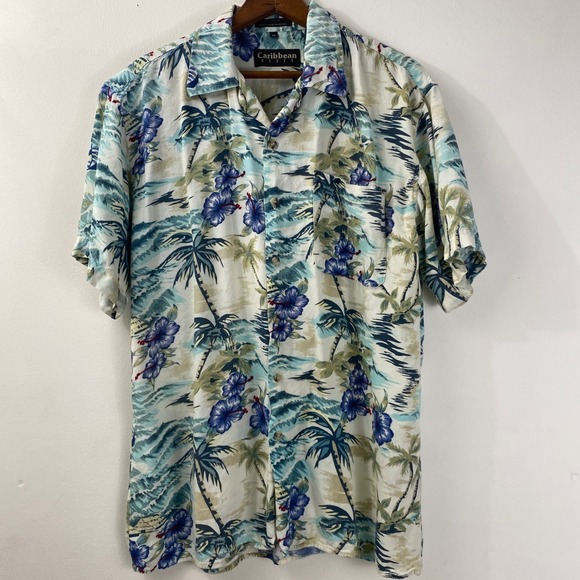 Caribbean Blues Mens M Rayon Palm Tree Floral Hawaiian Shirt Hibiscus Palm Trees - Picture 1 of 9